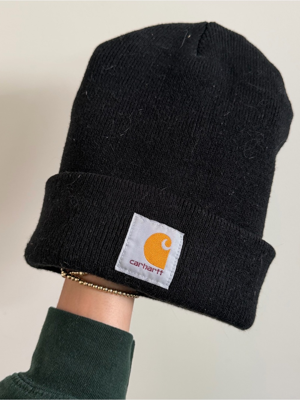 Carhartt Black Knit Cuffed Beanie with Orange Logo Patch